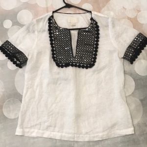 J. Crew White Short Sleeve Linen Top with Black Embroidered Yoke